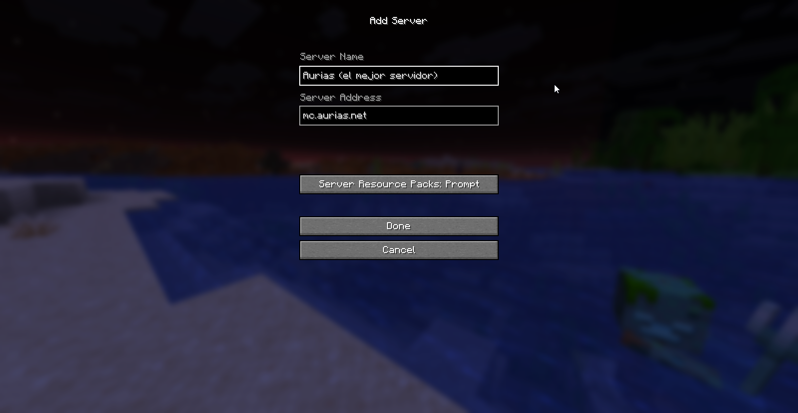 La pantalla «Agregar servidor» de Minecraft con la dirección mc.aurias.net (o el registro in-game).